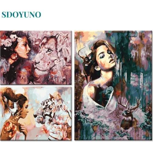 SDOYUNO 3Pcs 60x75cm DIY Oil Painting By Numbers On Canvas beauty and the Beast Frameless Paint By Numbers Home Decor Animals