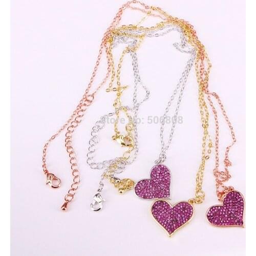 6PCS ZYZ334-6110 Rose Red Cubic Zirconia Heart Crystal Pendant Necklace Charm Women Choker Jewelry