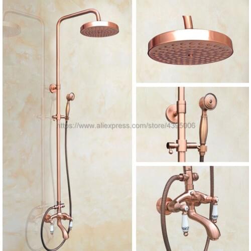 Antique Red CopperWall Mounted Rain Shower Faucet Set Tub Mixer Tap W/ Hand Sprayer Brg532