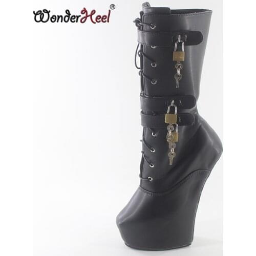 Wonderheel 20cm heelless matte leather Fetish Heelless strange style ponying heel three padlocks Platform mid-calf boots