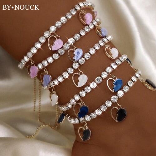 New Summer Hollow Acrylic Broken Heart Charm Anklets For Women Colorful INS Love Bling Rhinestone Anklet Bracelet Sandal Jewelry