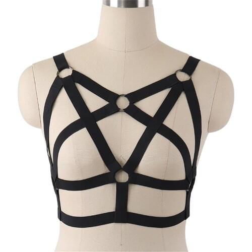 Sexy Women Black Gothic Elastic Cage Bra Erotic Lingerie Harness Hollow Strappy Bandage Bra Sexy Open Punk Body Harness Belt