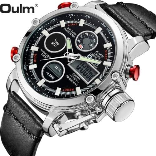 OULM Top Brand Luxury Watch For Men Dual Time Alarm Date Display Clock Multifunction Sports Military Leather Strap Wrist Watches