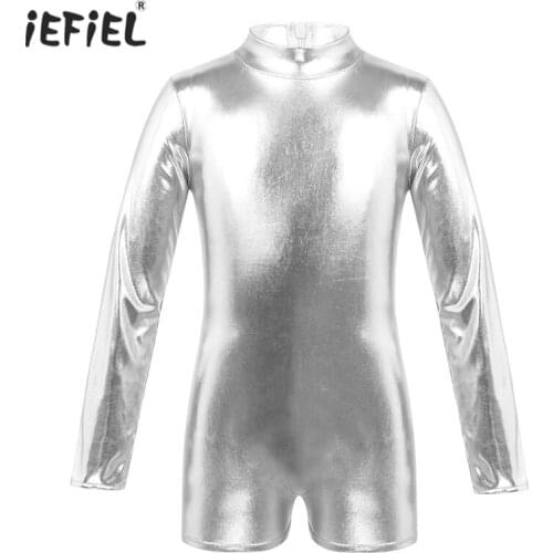 Kids Ballerina Turtleneck Metallic Ballet Leotard Bodysuit Shiny Shorty Unitards Girls Long Sleeve Gymnastics Dance Performance