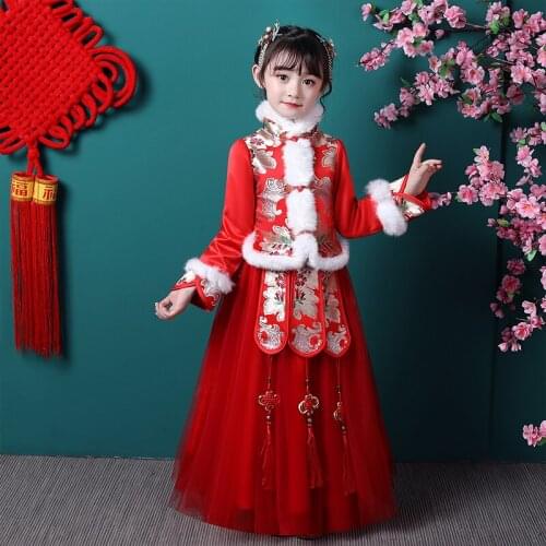 Chinese Hanfu Suit Evening Party Long Dress For Girls Princess Embroidery Clothes Baby Girl Frocks Children New Year Dress