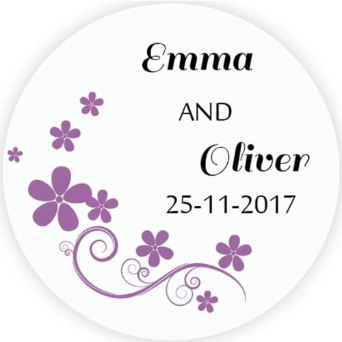 DouxArt 100 Pieces Custom Personalized, Wedding Stickers, 40mm Flowers Wedding Favors Baptism Communion Box Label Seals P027