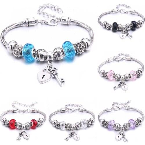 Dropshipping Vintage Heart key lock Shape Crystal Charm Bracelets for Women DIY Beads Brand Bracelets & Bangles Jewelry Gift