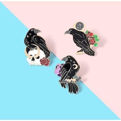 Gothic Black Crow Raven Enamel Pins Custom Bird Skull Moon Flowers Brooches Bag Lapel Pin Punk Badge Jewelry Gift for Friends