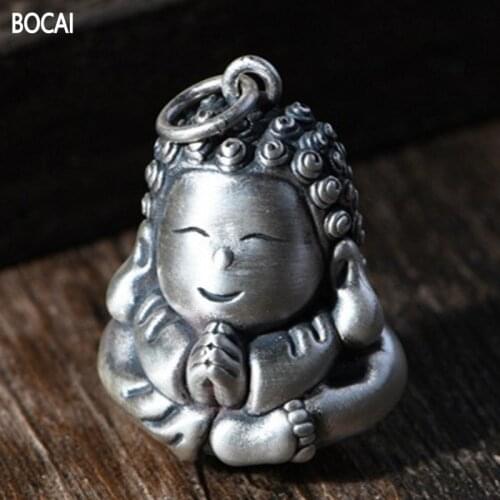 BOCAI New Solid s990 pure silver retro cartoon little Buddha pendant simple and creative three-dimensional men and women pendant