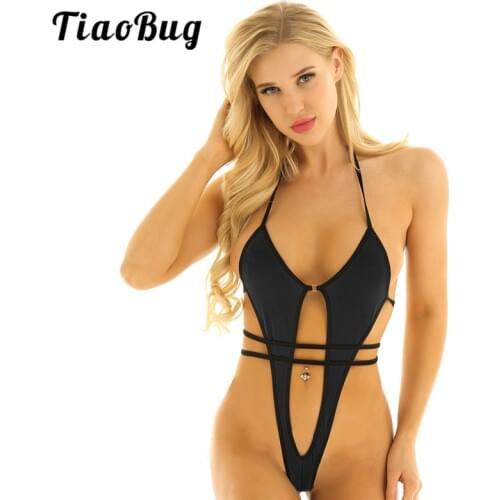 TiaoBug Summer One-piece Halter Self-tie High Cut Thong Mini Micro Bikini Set Sunbathing Suit Beachwear Hot Sexy Women Swimsuit