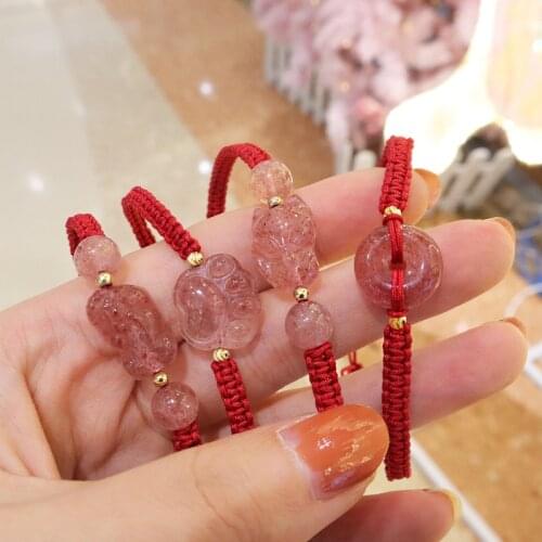 Fox/Circle/Cat Paw/Brave Troops Natural Strawberry Quartz Handmade Braid Red Rope Bracelets for Women Girls Fine Jewelry YBR533