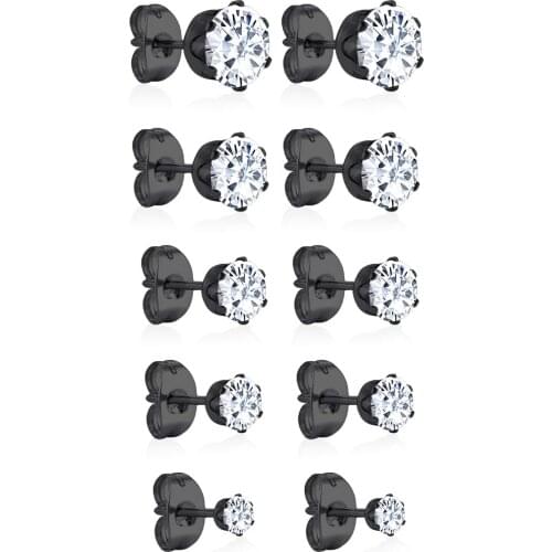LUXUKISSKIDS 5pairs/lots Black Earring Sets Women Girl Wholesale Stainless Steel Mixed Size 3mm to 7mm Round Cubic Zirconia