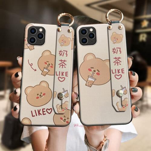 Cute Milk Tea Bear Wristband Bracket Case for Xiaomi Redmi Note 7 8 9 Pro 8T 7A 8A Mi 10 9 8 Lite 9T CC9 CC9e Soft Back Covers