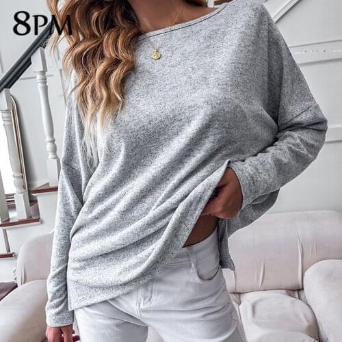 Fashion Knitted Thin Sweater Women O-neck Sexy Pullover Female Boat Neck Loose Casual Street Style Sweater Gray ouc1221