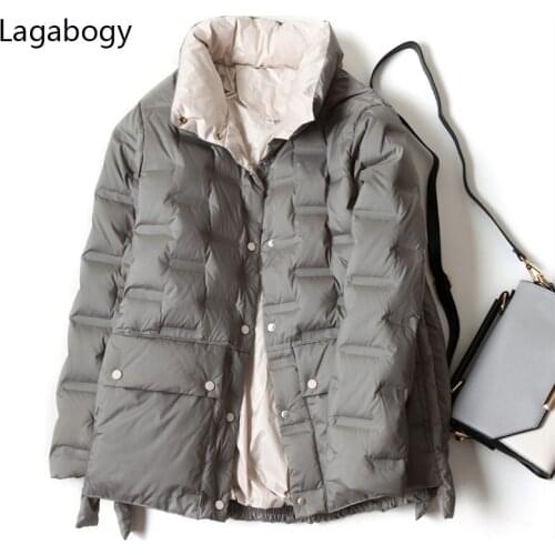 Lagabogy 2021 New Winter Jacket Women Light 90% White Duck Down Coat Female Soild Short Warm Parkas Stand Collar Feather Outwear