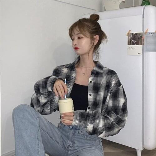 Women Plaid Shirts Fashion Turn-down Collar Breasted Long Sleeve Casual Blouses Sweet Hara Juku Streetwear Female Short Top
