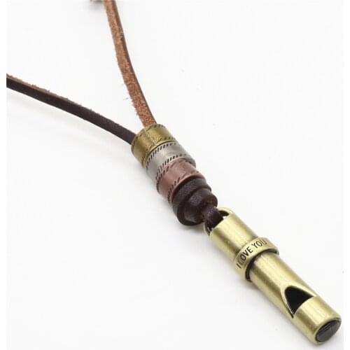 Whistle Key Handmade Punk Brown Genuine Leather Vintage Cross Cool Skull Pendants Mens Necklace Women Sweater Chain Jewelry