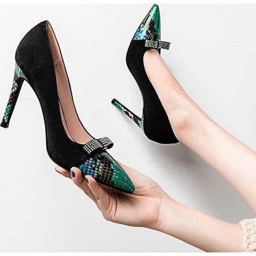Spring new large size small size color matching pointed stiletto high heel work shoes banquet dress wild bow womens single shoe