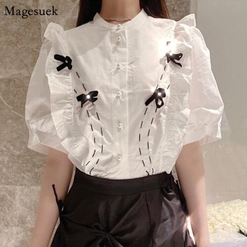 Korean Sweet White Ruffled Puff Short Sleeve Womens Shirts Summer New Bow Elegant Woman Blouses Tops Fashion Female Shirt 14276
