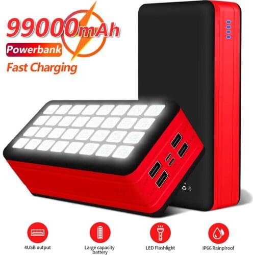 99000mAh Solar Power Bank Large Capacity 4 USB with Camping Lights Outdoor Camping Travel External Battery Fast Charger