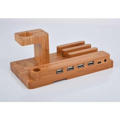 Charging Station for Multiple Devices, Charger Organizer Dock with 4 USB Ports, 1 Type-C, Bamboo USB Charging Station