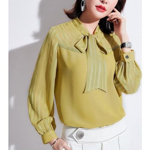 Spring 2019 Womens Green White Bow Long Sleeve Striped Lace Patchwork Chiffon Blouse Shirt , Fall Woman Korean Loose Blouses