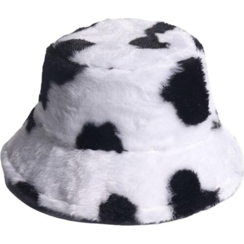 Women Winter Warm Fluffy Plush Bucket Hat Milk Cow Print Panama Fisherman Cap D08E