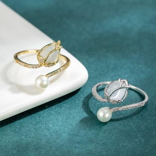 Natural Opal Tulip Rings Women Luxury Full AAA Zircon Pearl Flower Opened Adjustable Ring Fashion Brand Jewelry Z286