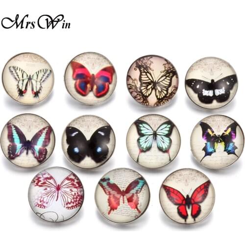 10pcs/lot 2019 New Vintage Butterfly Glass Snap Button Jewelry Print Buttons Faceted Glass Snap Fit 18mm Snap Bracelet Bangle
