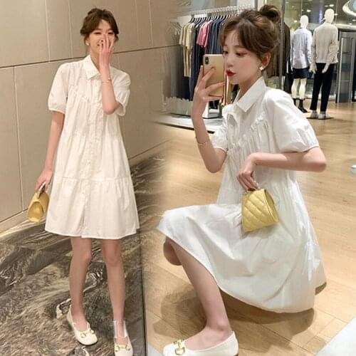 112# Maternity Dress Summer Cotton Turn Down Collar Short Sleeves Loose Midi Dress Plus Size Pregnancy Pregnant Women Mom Dress