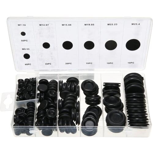 170pcs/box Rubber Grommet Hole Plug Set Car Electrical Wire Cable Gasket Kit Black Round Fastener Assortment Grommets