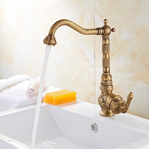 Retro Style Antique Brass Kitchen Faucet Hot & Cold Mixer Tap Single Hole Bathroon Faucet Rotatable crane
