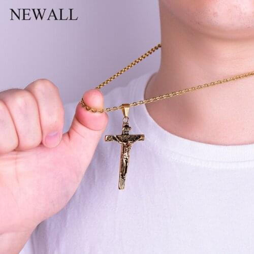 Hot Sale Stainless Steel Men Jesus Cross Crucifixion Pendant Necklace Religion Hip Hop Male Prayer Gift Gold Jewelry