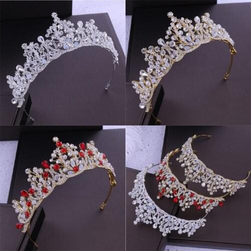 Red Crystal Beads Wedding Tiara Bridal Gold Crown for Wedding Bride Rhinestone Crowns Headband Jewelry Hair Accessories