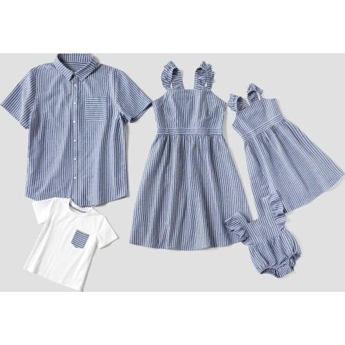 PatPat 2020 New Arrival Summer Mosaic Family Matching Stripe Flutter-sleeve Tank Dress Dad and Me T-shirt Family Look Sets