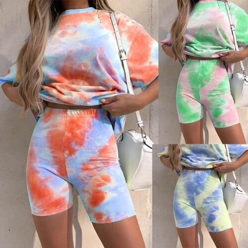 Hot Womens Suit Summer Fashion Tie-Dye Gradient Loose Leisure T-shirt Two Pieces Suit