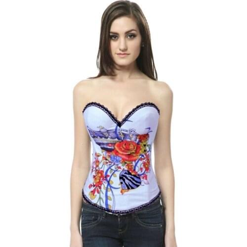 Fashion Red And Blue Floral Print Rhinestone Corset 3S3055 Sexy Print Overbust Corset Top
