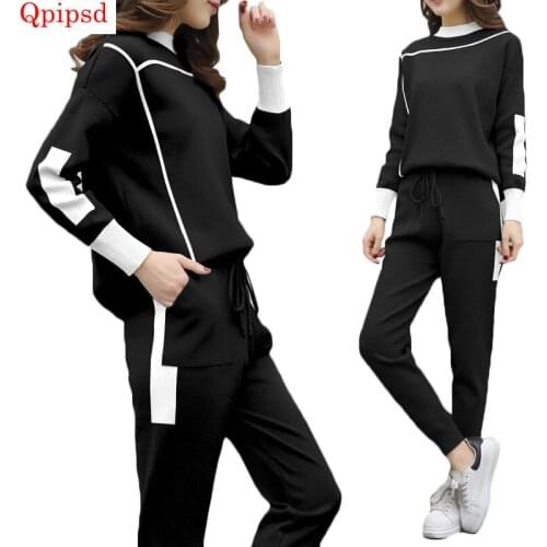 Fashion Womens Knitted Suit Women 2 Piece Tracksuit Sets Womens Sporting Suit Female Sportswear Women Loose Tops+long Pant Suit