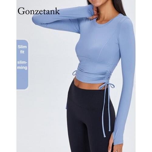 2021 New Seamless Women Yoga Sports Shirt with Laces on Both Sides of Running T-Shirt Tight Nude Long-sleeved Fitness Top