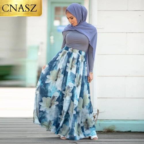 New Spring Summer High Waist Long Pattern Flower Print Chiffon Beach Maxi Skirt Islamic Clothing Abaya Chiffon Dresses Womens