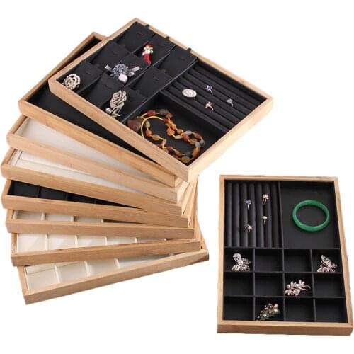 PU Leather Bamboo Jewelry Display Tray Necklace Bracelet Bangle Rings Earrings Display Jewelry Organizer Holder Showcase