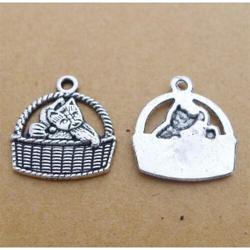 BULK 30 Zinc Alloy Cat In the Basket Pet Charms Pendant Jewelry for Cat Lover Women 16*18mm 1.2g