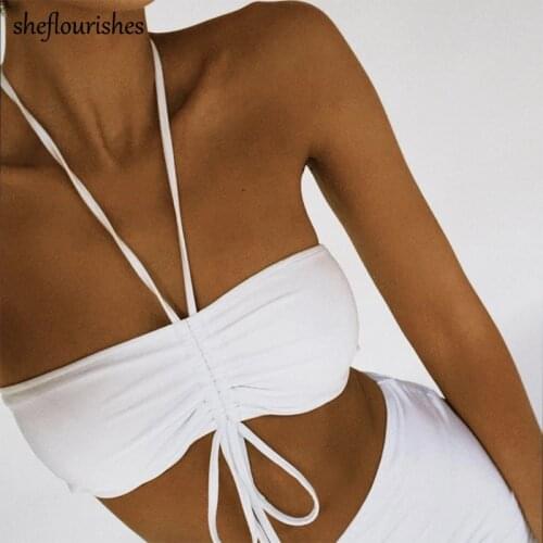 Sexy crop top women summer sleeveless top backless halter tops strapless drawstring tops korean fashion cami top white black