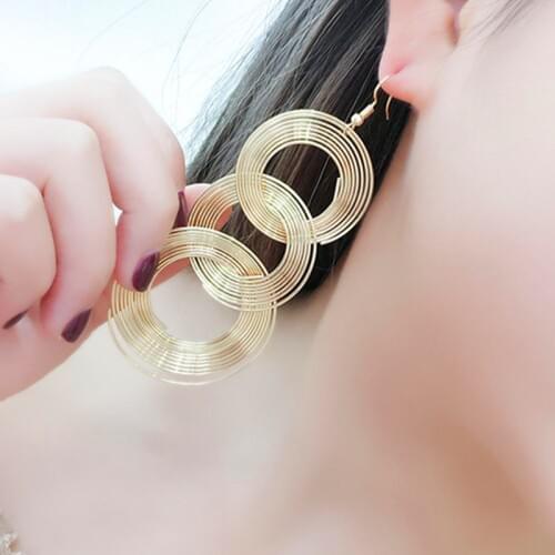 Retro Punk Gold Color Big Geometric 3 Circle Metal Long Earrings For Women Party Nightclub Exaggerated Fashion Jewelry Accessory