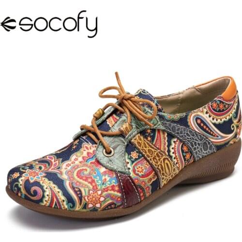 SOCOFY Retro Splicing Folkways Style Cloth Round Toe Lace Up Flat Leather Shoes Elegant Shoes Women Shoes Botas Mujer 2020