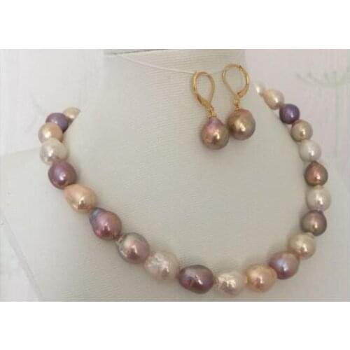 Gorgeous set of 12-13mm south sea baroque multicolor pearl necklace &earring 925silver