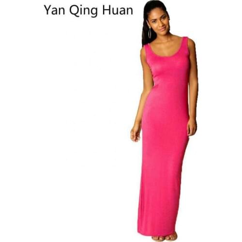 Yan Qing Huan Summer New Tight Ladies Elegant Sexy Vest Long Dress Square Collar Sleeveless Solid Color Backless Ladies Dress