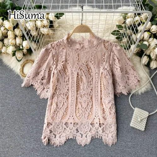 2021 summer new women o neck puff sleeve lace shirts female chic elegant sweet shirt blouses