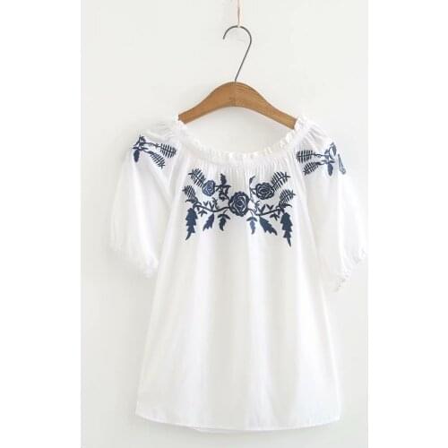 Plus size floral embroidery women tshirts 2021 new summer casual ladies slash neck collar Short sleeve t shirts female tops