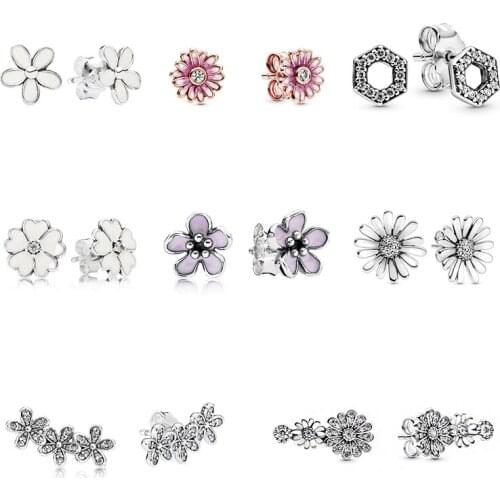 2020 Fashion New Silver 925 Sparkling Pave Pink Daisy Flower Honeycomb Hexagon Trio Stud Earrings Original Woman Jewelry Gift